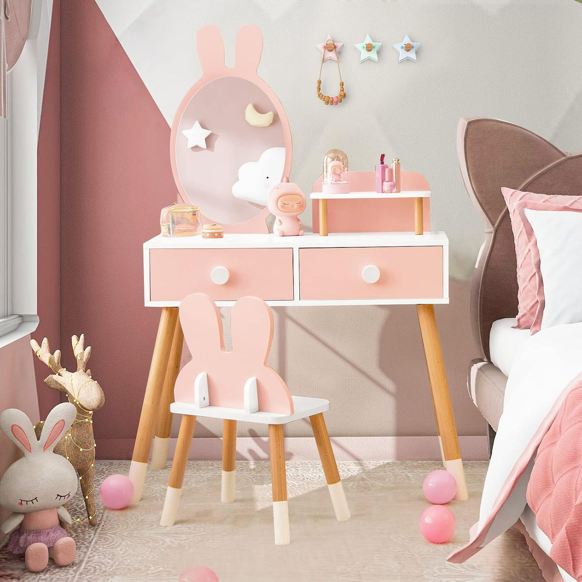 Costzon Kids Vanity, Girls Vanity Set with Mirror & Stool, 2 Large Drawers, Storage Shelf, Wooden Princess Makeup Dressing Table, Kids Vanity Table and Chair Set (Pink)