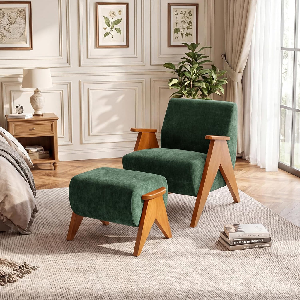 Linen Padded footstools Mid Century Modern Ottoman with Wood Frame, Lounge Upholstered Ottoman, Reading Chair, Sturdy Base, Suitable for Resting Your feet on a Lounge Chair Green