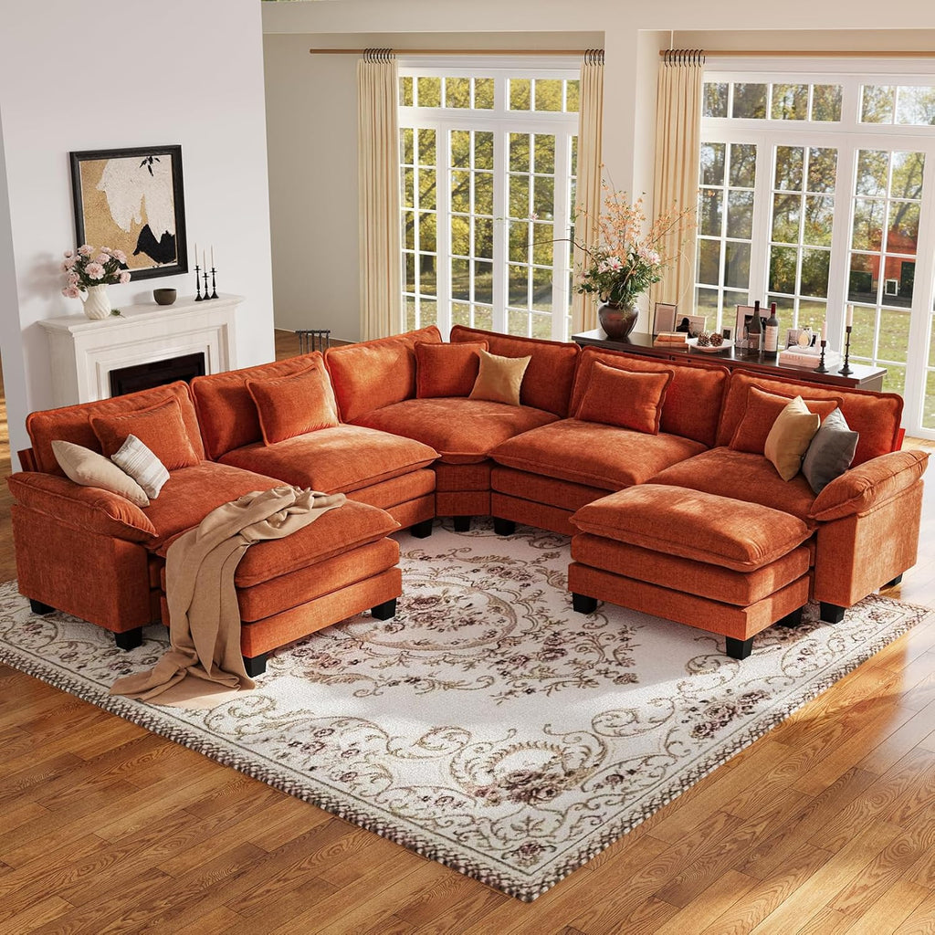 CDCASA 117" Oversized Modular Sectional Sofa with Corner, Comfy V-Shaped Cloud Couch w/ 2 Ottomans, 7-Seater Chenille Deep Seat Modern Sofa Couch for Living Room, DIY Combination, Terracotta Orange