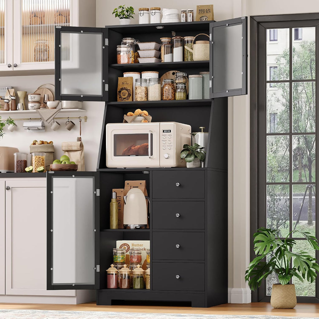 BOTLOG 64'' Kitchen Pantry Storage Cabinet, Tall Kitchen Storage Cabinet with Microwave Stand, Hutch Cabinet with Adjustable Shelves, for Dining Room, Black | Save Space, Frosted Glass Door, Hutch Cabinet with Adjustable Shelves, for Dining Room (Black)