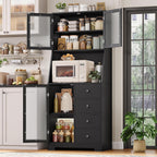 BOTLOG 64'' Kitchen Pantry Storage Cabinet, Tall Kitchen Storage Cabinet with Microwave Stand, Hutch Cabinet with Adjustable Shelves, for Dining Room, Black | Save Space, Frosted Glass Door, Hutch Cabinet with Adjustable Shelves, for Dining Room (Black)