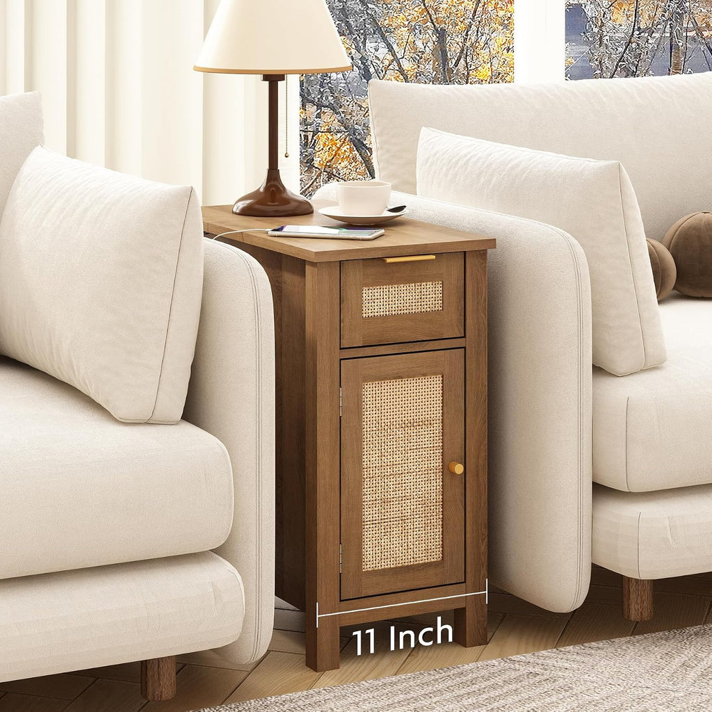 Narrow End Table with Charging Station - Midcentury Rattan Slim Side Table with USB Ports and Power Outlets, Nightstand with Flip Top and Storage Drawer, for Small Spaces Living Room Bedroom