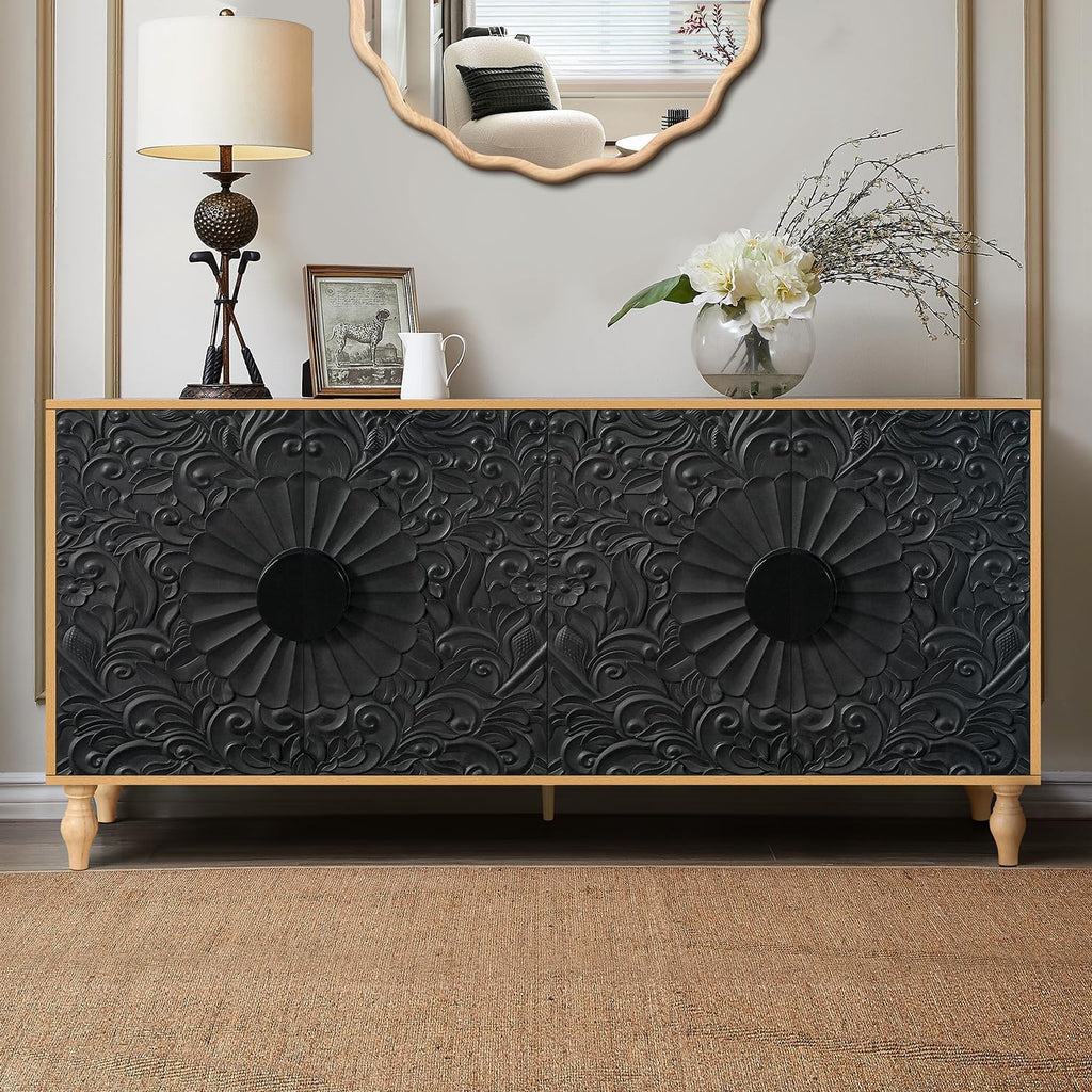 63" Sideboard Buffet Credenzas for Living Room, Black+Natural Entryway Table with Storage Accent Cabinet, Carved Flowers Doors & Wire Holes