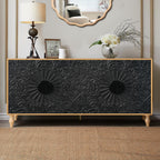 63" Sideboard Buffet Credenzas for Living Room, Black+Natural Entryway Table with Storage Accent Cabinet, Carved Flowers Doors & Wire Holes