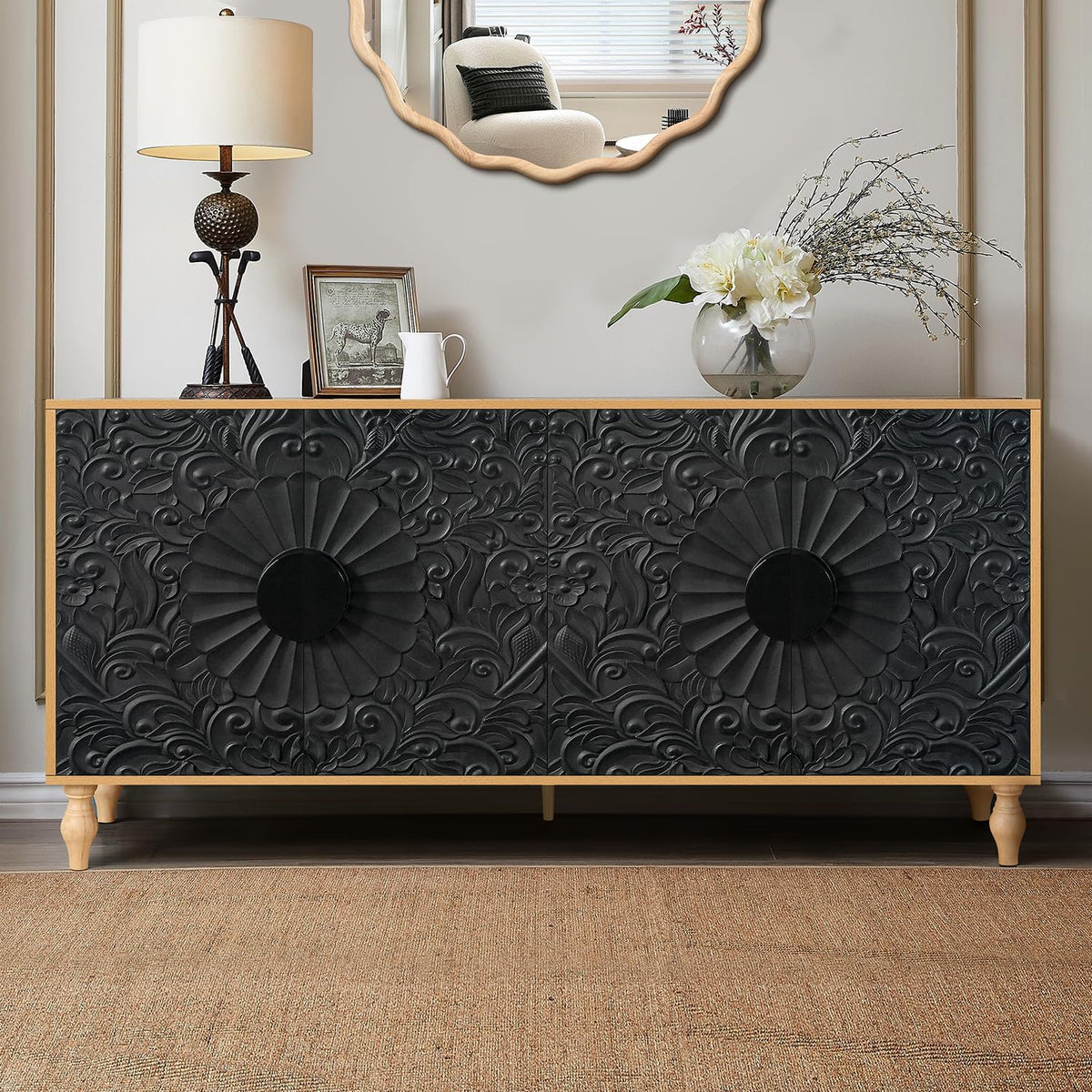 63" Sideboard Buffet Credenzas for Living Room, Black+Natural Entryway Table with Storage Accent Cabinet, Carved Flowers Doors & Wire Holes