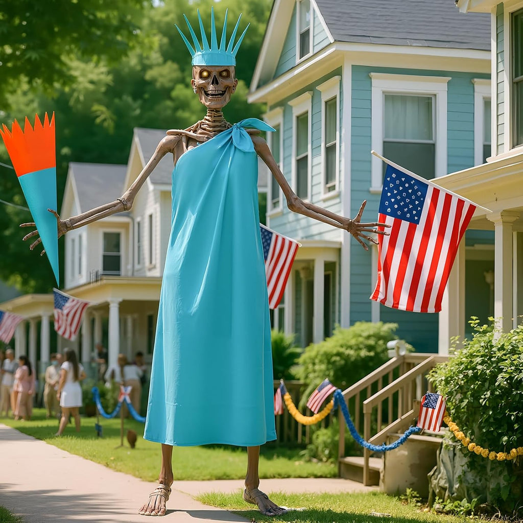 3 Pcs 12 ft Skeleton Accessories Skeleton Statue of Liberty Costume Kit with Crown and Torch Outfit Set Giant Sized Clothing for Outdoor Garden