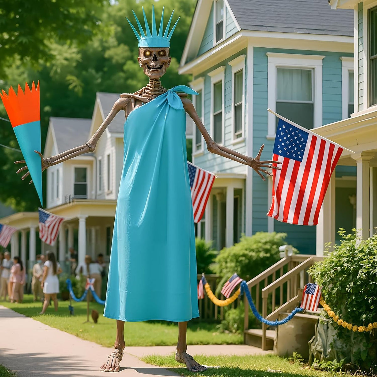 3 Pcs 12 ft Skeleton Accessories Skeleton Statue of Liberty Costume Kit with Crown and Torch Outfit Set Giant Sized Clothing for Outdoor Garden