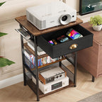 Hongtamoya 4-Tier AV Media Stand with Drawer, Gaming Console Shelf | Audio Rack Tower with 2 Hooks for PS5, Xbox, Switch, DVD Player, Record Player, Projector and TV Accessories Storage