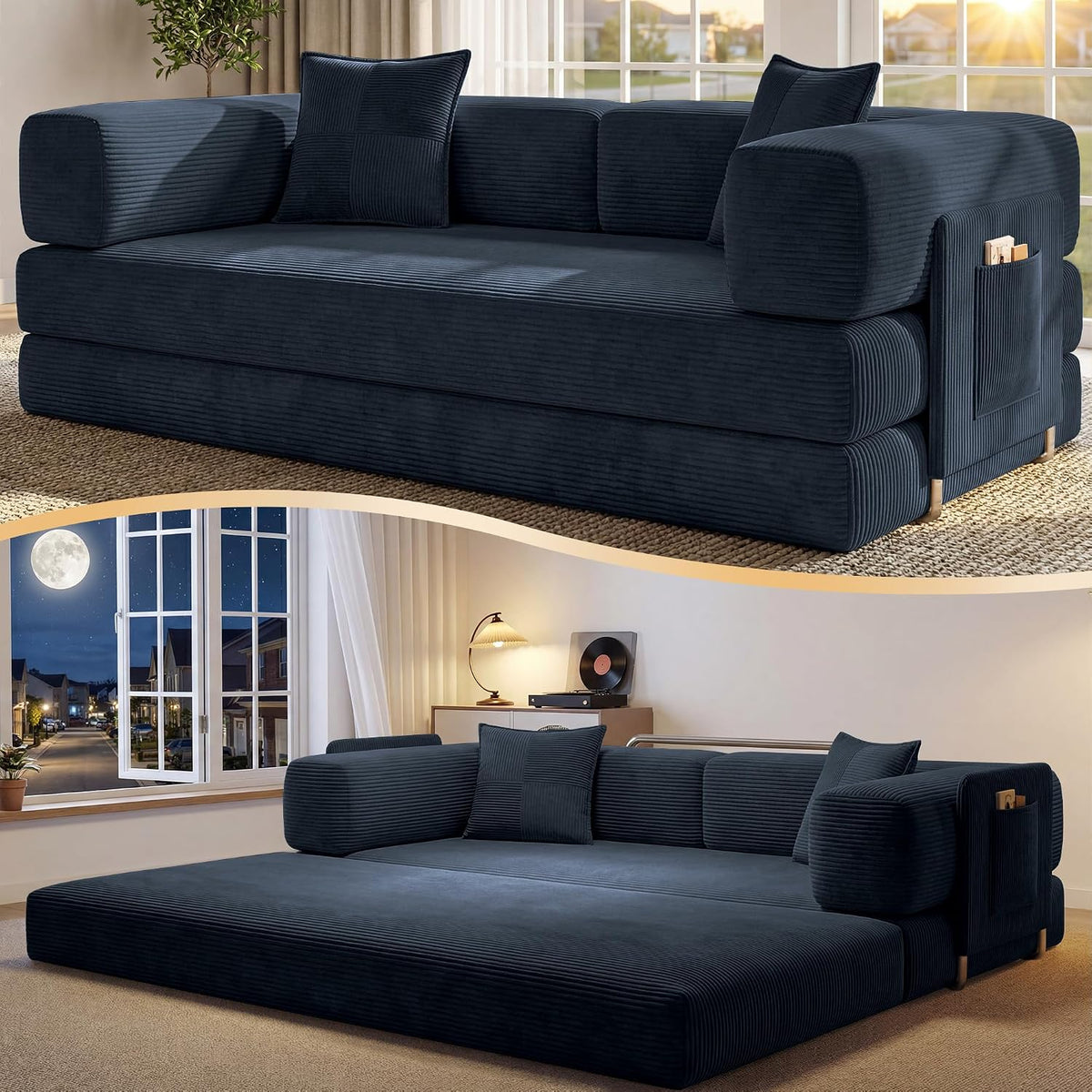 78.8" Convertible Futon Sofa Bed, Couch for Living Room | Corduroy Loveseat Sleeper Sofa, Modular Futon Couch with Storage Pocket, Pull Out Couch No Assembly | Royal Blue