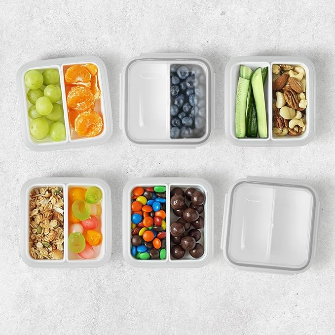 carrotez 2 Compartment Snack Containers, Mini Snack Containers for Mini Fridge, Small Food Storage Containers, Airtight Lids, Reusable, 1.1 cup, 6 PACK