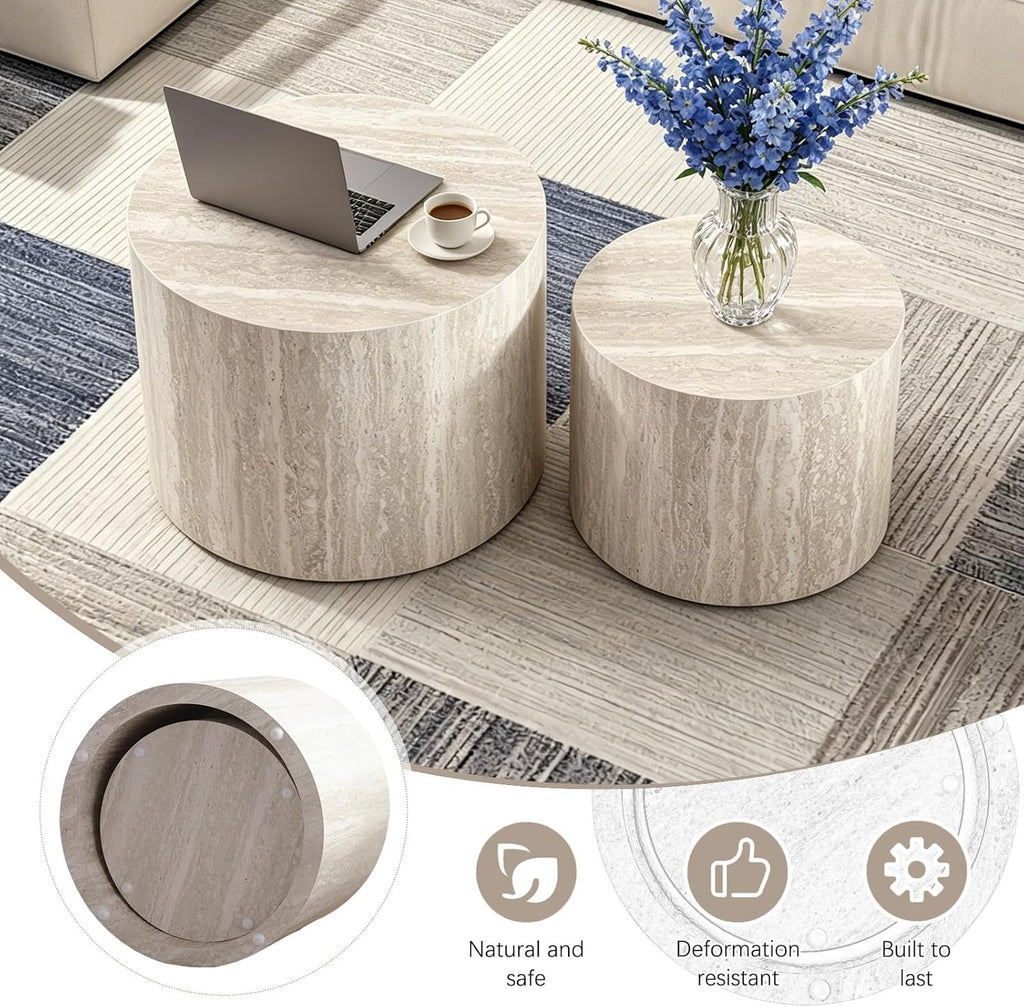 Modern Nesting Coffee Table Set of 2 Round Travertine Finish Nesting Tables Sofa Side Table Small End Table for Living Room, Small Space, No Assembly Required (Grey Travertine)