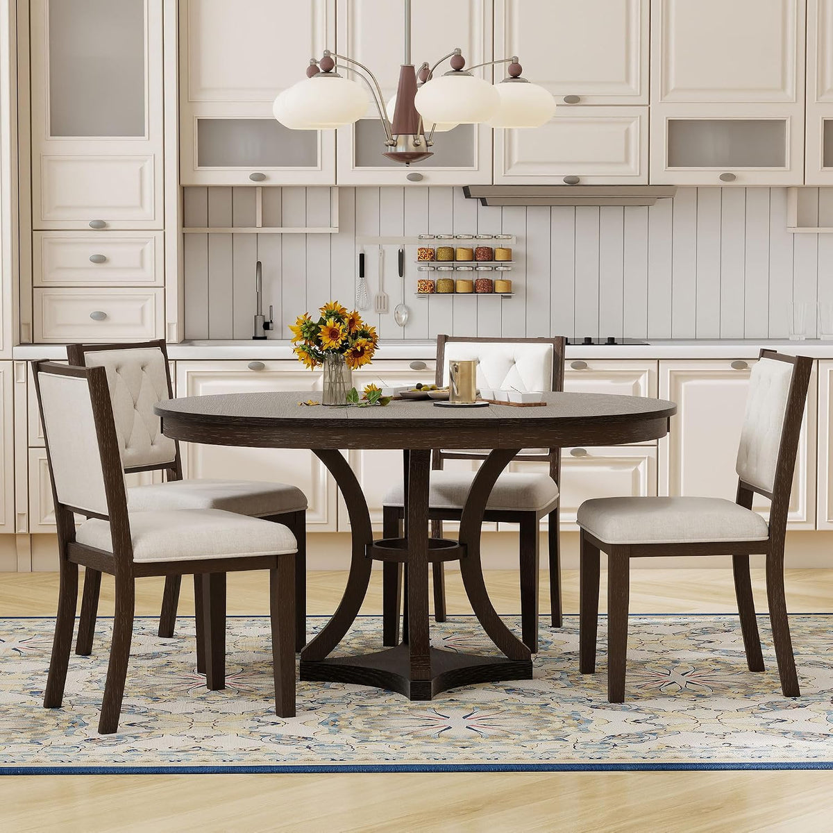 Bellemave Extendable Dining Table Set for 4, 5-Piece Retro Round Table Set with 4 Upholstered Chairs, Round Table with a 16" W Leaf, Oval Kitchen Table Set with Extendable Table (Espresso)