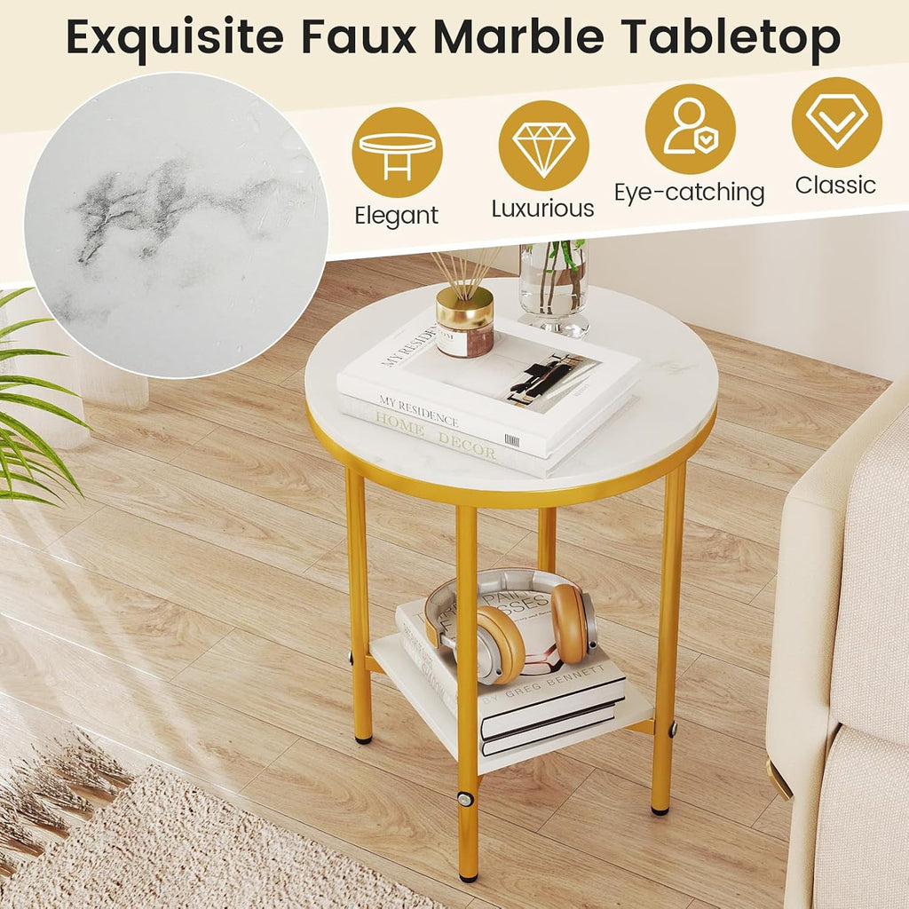 Giantex Round Side Table Set of 2, 2-Tier Faux Marble Bedside Night Stand w/Metal Frame & Open Storage Shelf, Gold Accent Style, Tall Coffee Sofa End Table for Living Room Bedroom Small Spaces