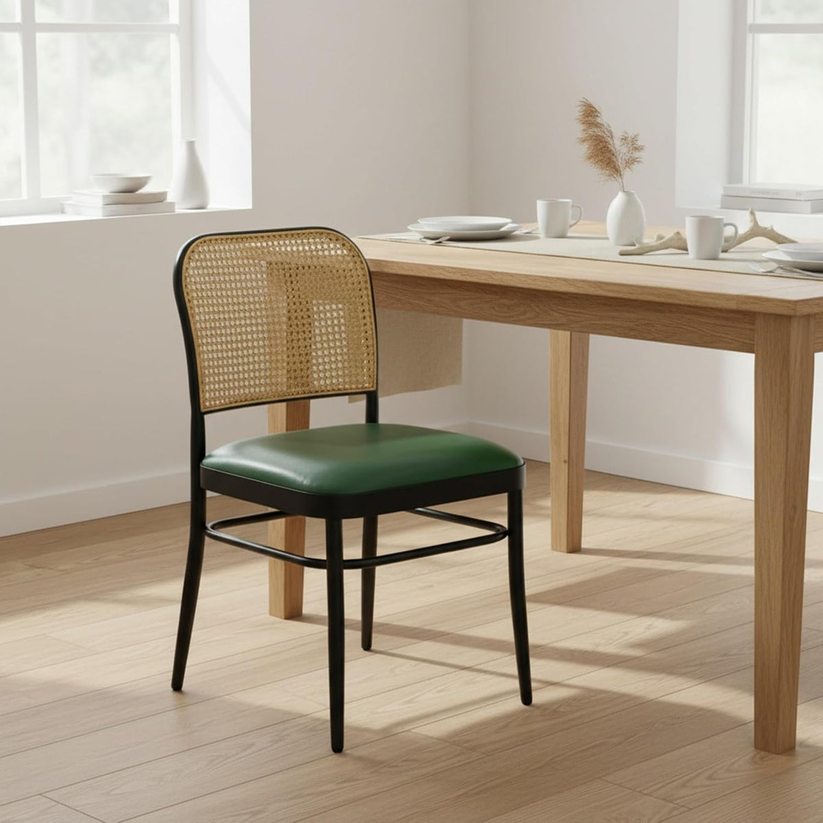 Rattan Dining Chairs Set of 4, Mid-Century Modern, Green | Cane Back Design, Faux Leather Upholstery, Boho Style, Comfortable Padded Seat, 350 LBS Weight Capacity
