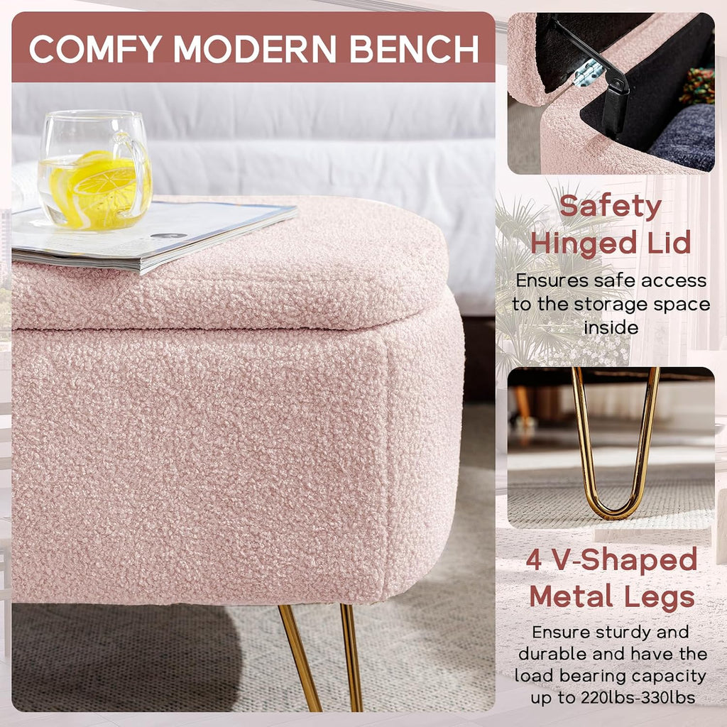 NIOIIKIT Storage Ottoman Bench, Faux Fur Upholstered Entryway Bench, Pink | Upholstered Ottoman Bench with Metal Legs, Bedroom Bench with Flip Top, Footrest Shoe Bench for Living Room, Bedroom