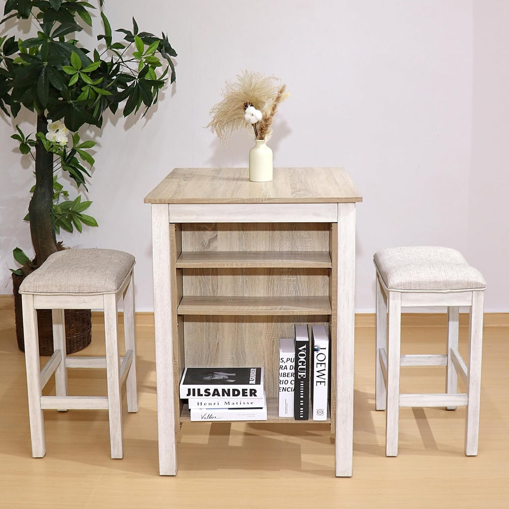3-Piece Wooden Dining Table Set, Kitchen Island with Seating for 2, Kitchen Bar Table with Stools, Counter Height Dining Table Set, Weathered Birch & Antique White, Farmhouse Style