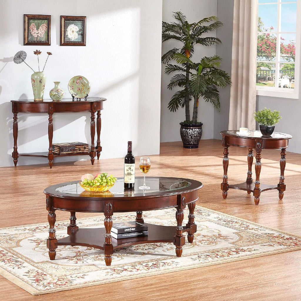 Vintage Solid Wood Oval End Table with Tempered Glass Top, 28"x24" Side Table with Carved Edge, Cherry Walnut Finish for Living Room