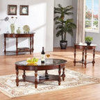 Vintage Solid Wood Oval End Table with Tempered Glass Top, 28"x24" Side Table with Carved Edge, Cherry Walnut Finish for Living Room