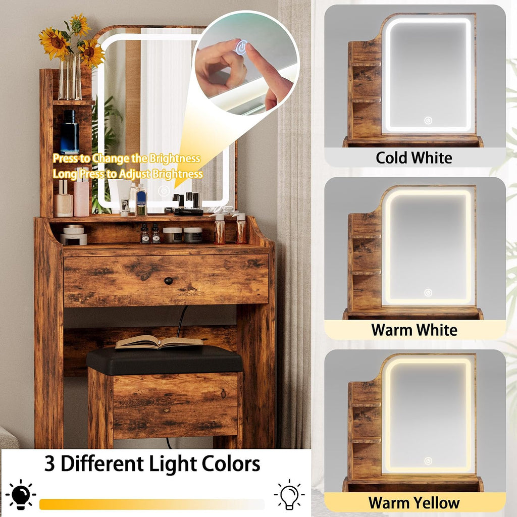 LIKIMIO Small Vanity Desk with Mirror Lights and Storage Stool | Vintage brown compact vanity with 3 light modes, charging station, storage drawer, 3 shelves and upholstered stool
