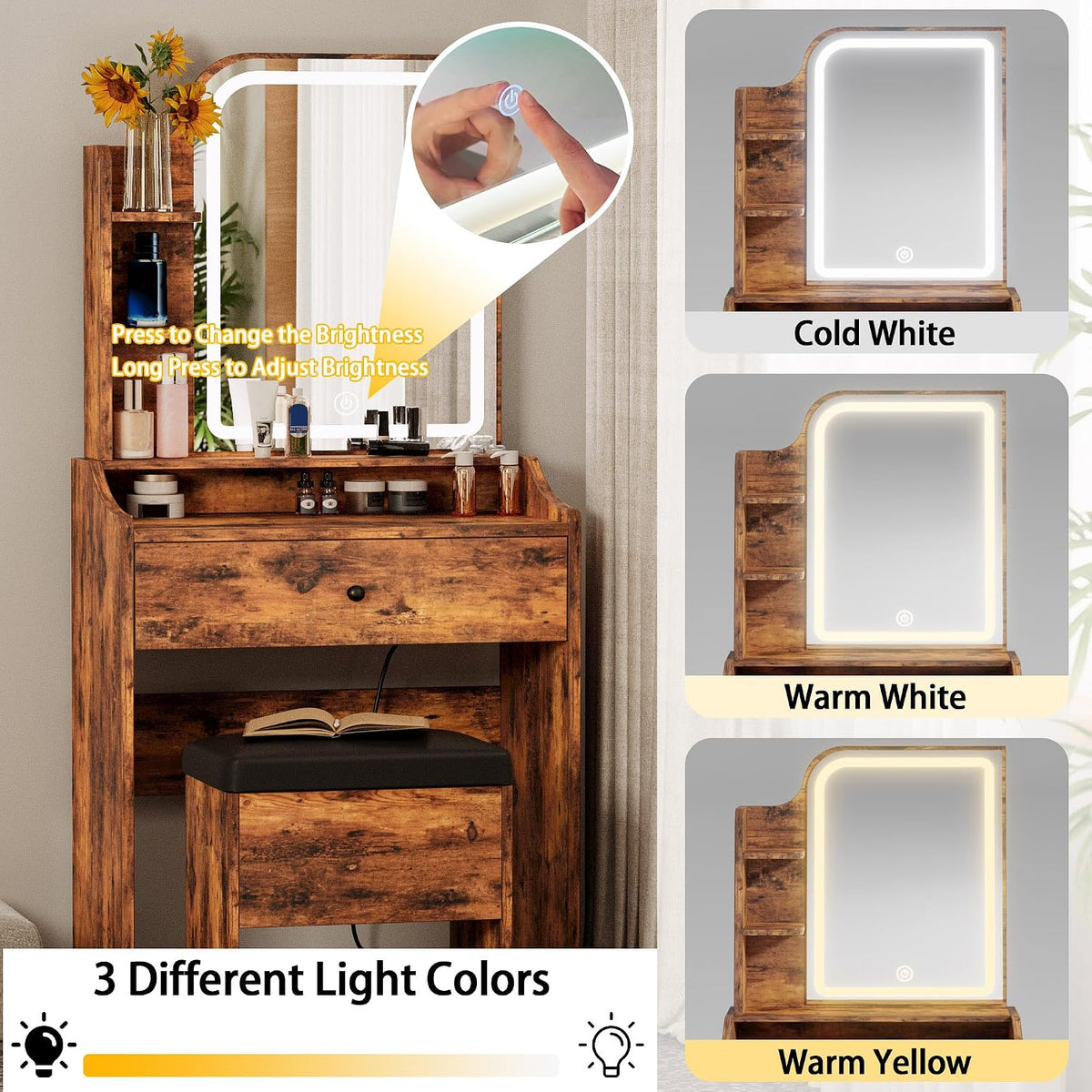 LIKIMIO Small Vanity Desk with Mirror Lights and Storage Stool | Vintage brown compact vanity with 3 light modes, charging station, storage drawer, 3 shelves and upholstered stool