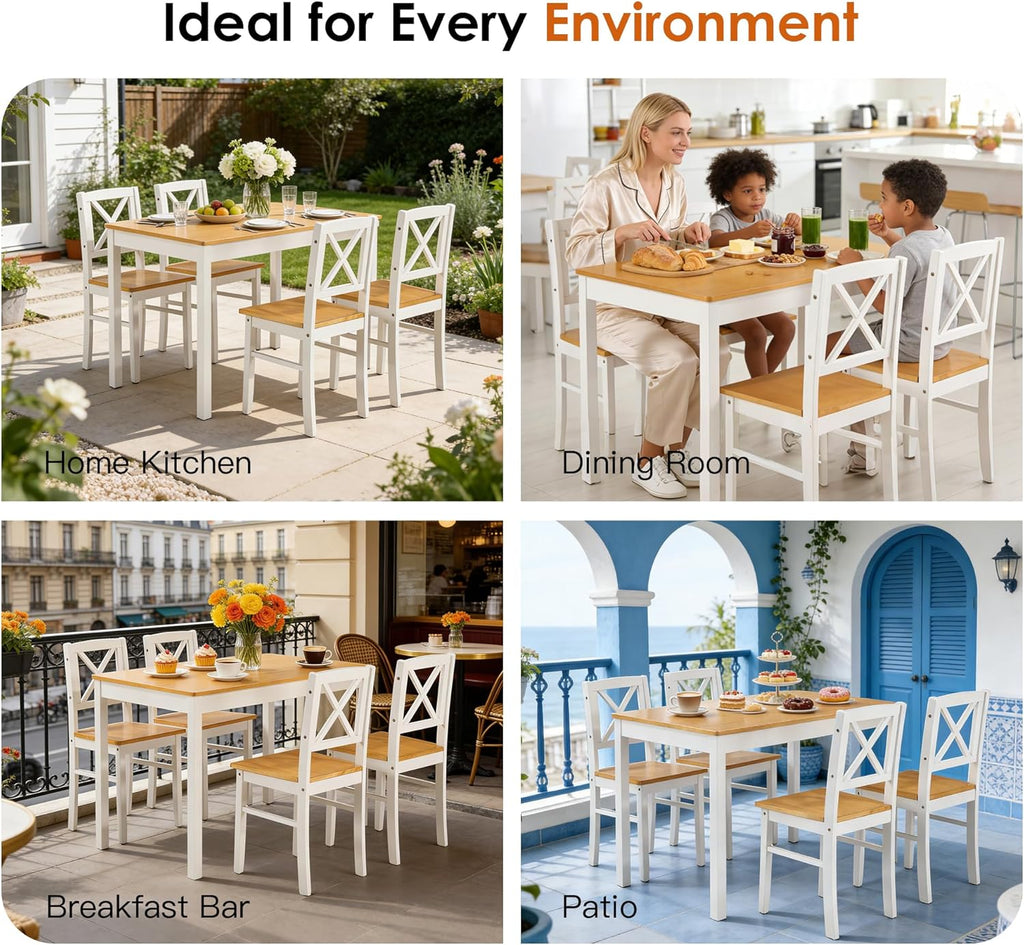 Harper & Bright Designs 5-Piece Dining Table and Chair Set for Apartment or Kitchen, Solid Rubberwood Kitchen Table Set, Space-Saving Design, Chairs Slide Under Table, Easy to Clean (Natural White)