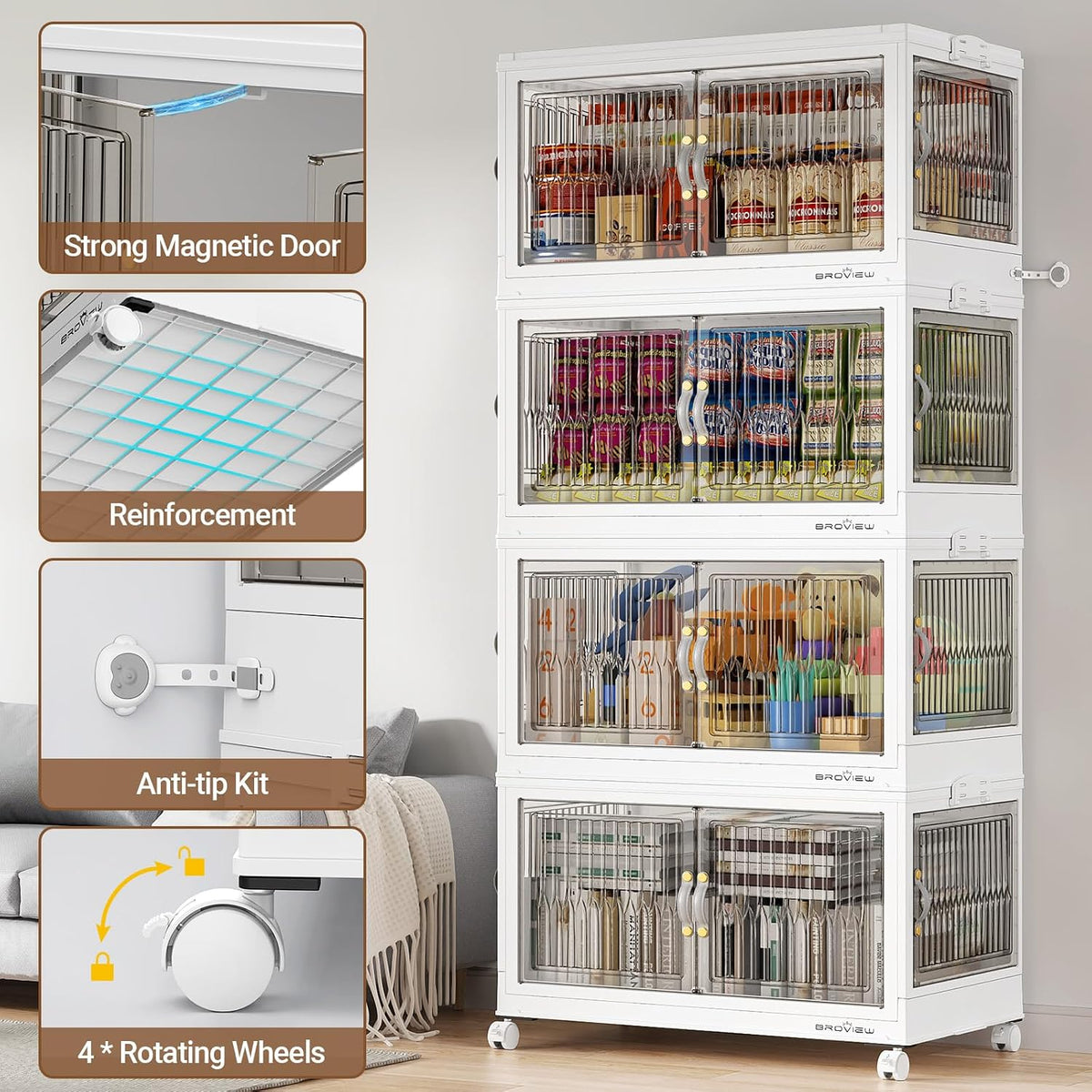 BROVIEW 90Gal Large Stackable Storage Bins with Lids, Plastic Closet Organizer and Storage Drawer, Collapsible Storage Box with Wheels, Folding Storage Cabinet with Doors for Home Office, 3Pack White