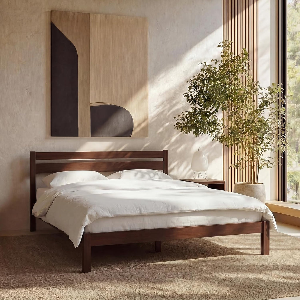 LIFEMENT Classic Wood Platform Bed Frame with Headboard, Essential, Noise Free, Under Bed Storage, No Box Spring Needed, Easy Assembly (Walnut, Queen (U.S. Standard))