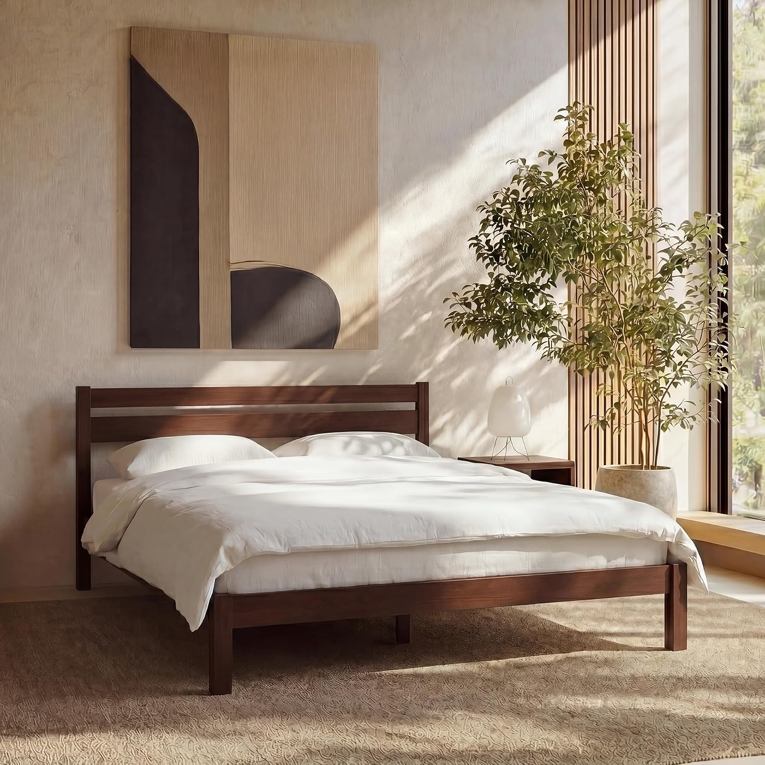 LIFEMENT Classic Wood Platform Bed Frame with Headboard, Essential, Noise Free, Under Bed Storage, No Box Spring Needed, Easy Assembly (Walnut, Queen (U.S. Standard))