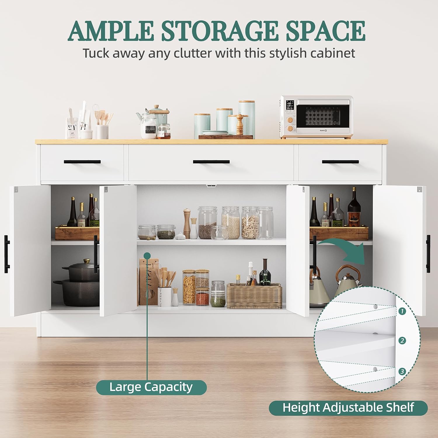 Shintenchi Buffet Cabinet with Storage,53.4" Large Kitchen Storage Cabinet with 3 Drawers and 4 Doors,Wood Farmhouse Buffet Sideboard with Adjustable Shelf for Kitchen Living Room, White