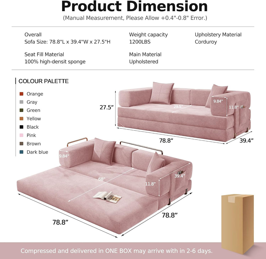 MoonSpeak 78.8'' Futon Sofa Bed, Couches for Living Room | Corduroy Convertible Futon Sofa Bed with Storage Pocket, Modular Sleeper Couch in a Box, No Assembly (Pink)