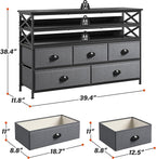Dresser TV Stand for 50" TV, Sturdy Dresser for Bedroom with 5 Fabric Drawers and 3 Wood Open Shelves, Chest of Drawers Storage Dressers for Entryway, Closet, Grey, 11.8" D x 39.4" W x 38.4" H