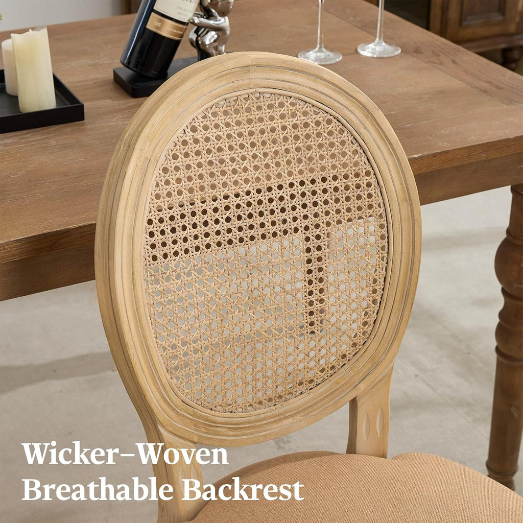 French Country Dining Chairs Set of 4,Upholstered Chairs with Rattan Round Back,Solid Wood Legs,for Living Room,Kitchen,Restaurant,Light Brown