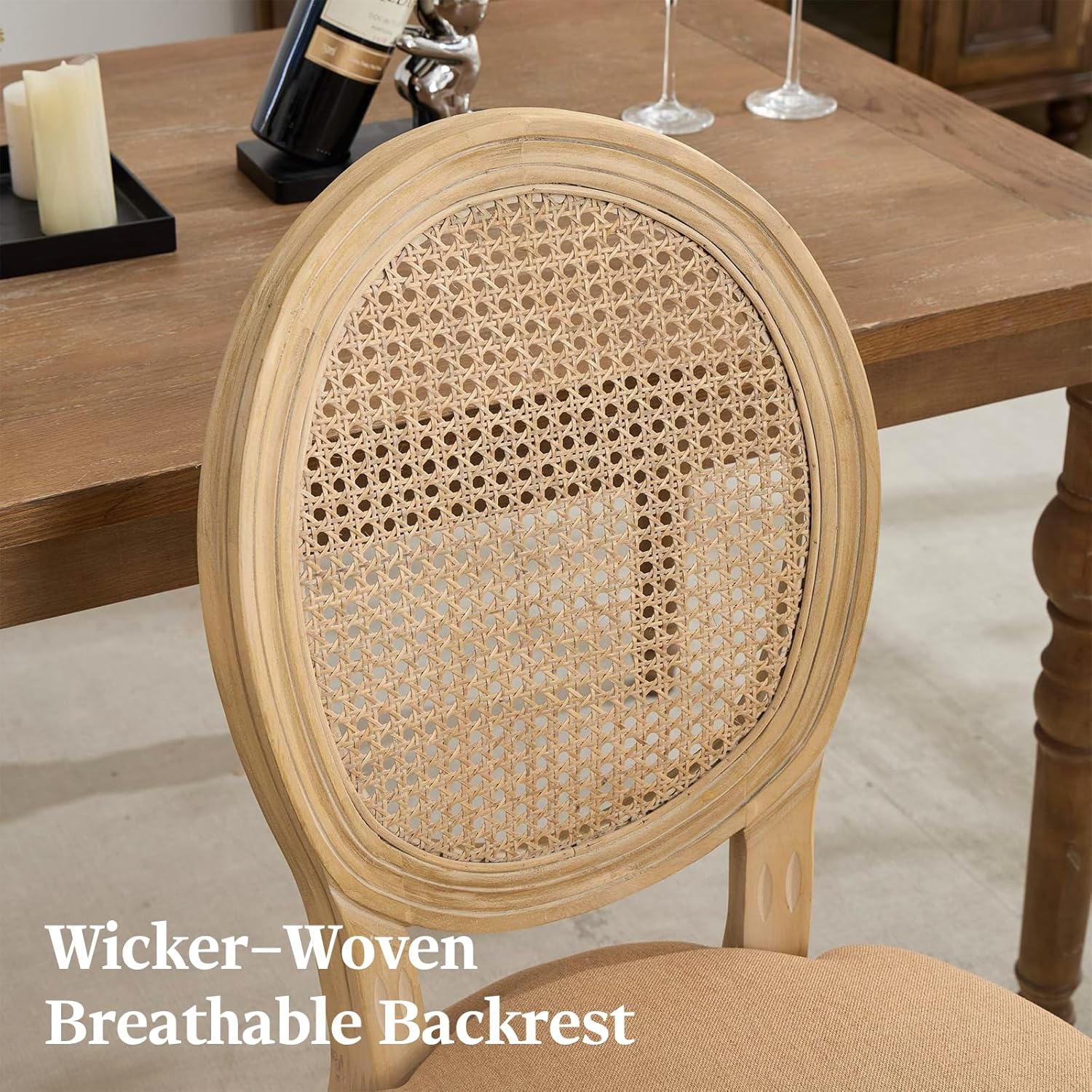 French Country Dining Chairs Set of 4,Upholstered Chairs with Rattan Round Back,Solid Wood Legs,for Living Room,Kitchen,Restaurant,Light Brown