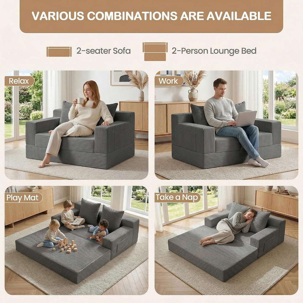 Loveseat Small Couch Bed, Futon Sleeper Sofa Bed,Convertible Pull Out Couch with 2 Pillows,Corduroy Folding Floor Couch for Living Room,No Assembly Required,Grey