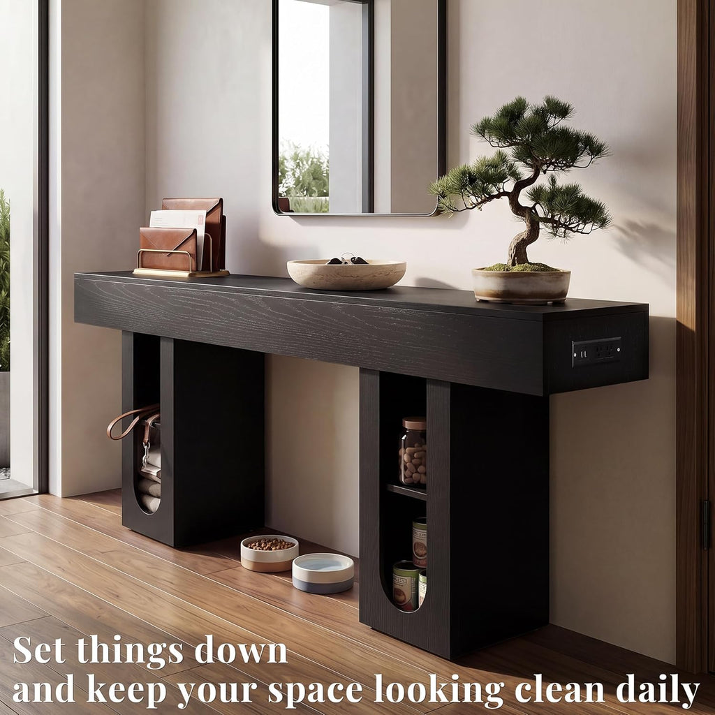 71" Entryway Console Table with Outlets & Storage-Black | 5.9" Thick Top,Zero Wobble,Behind Large Couch,Extra Long,Anti-Tip,Modern Farmhouse,Dense MDF,Living Room,Hallway,300lbs Load