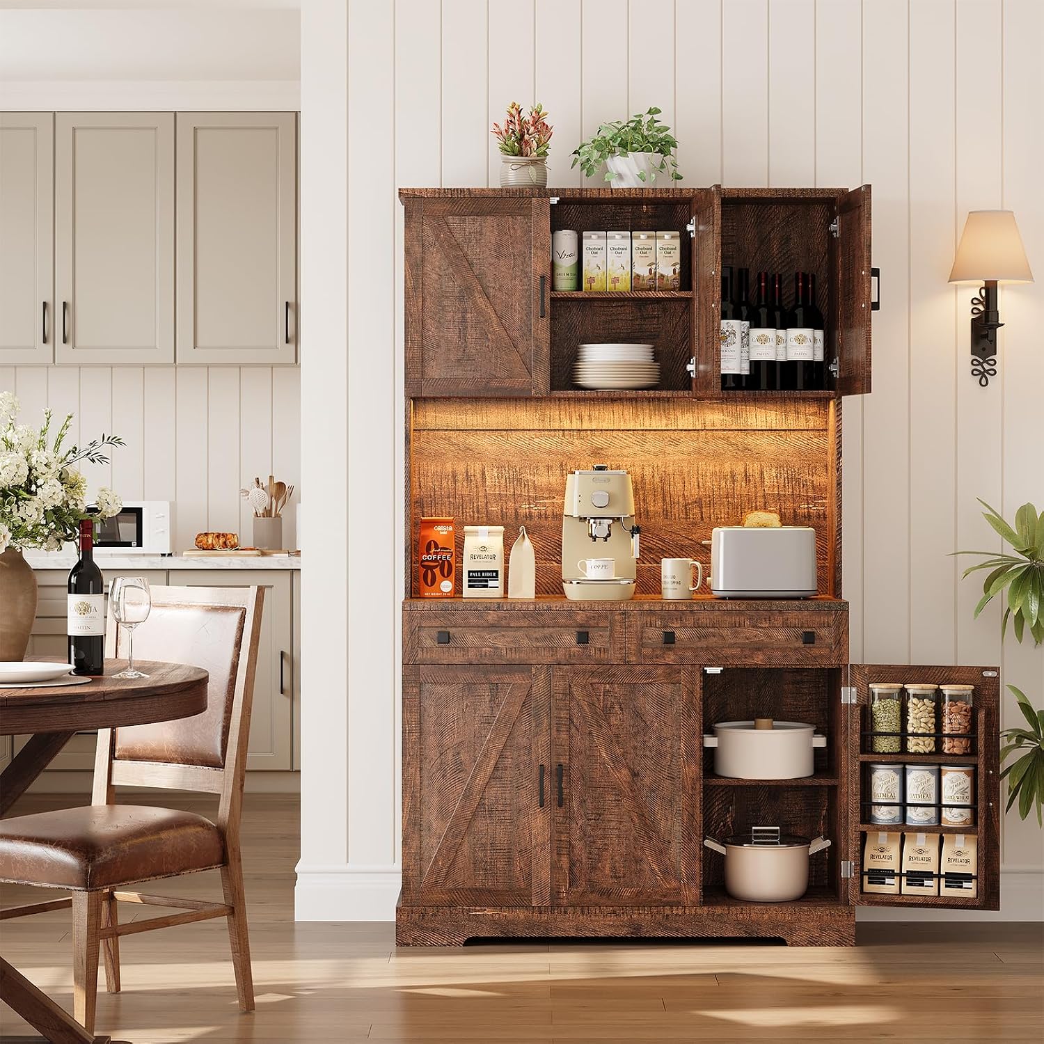 ELYKEN 71" Kitchen Pantry Storage Cabinet with Outlet & LED Lights, Brown