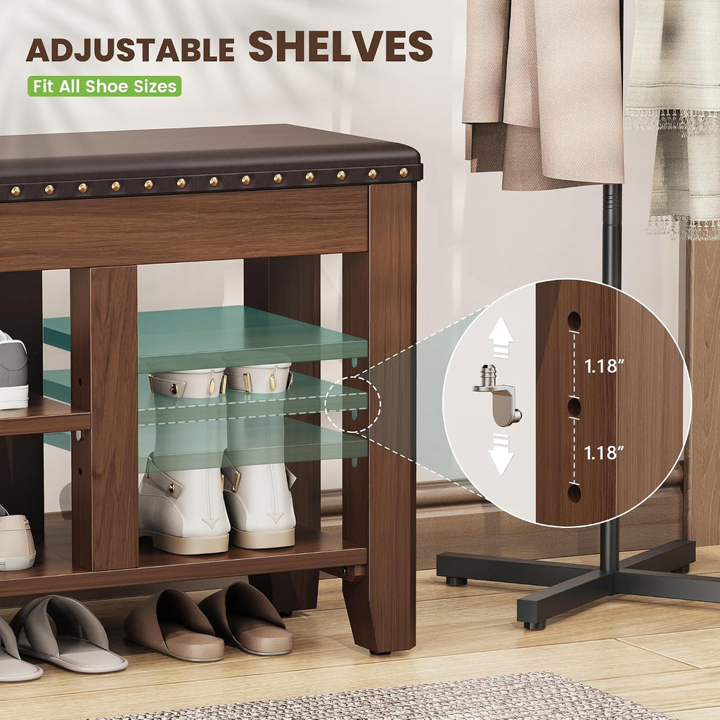 Shoe Bench for Entryway, Solid Rubberwood Shoe Bench with Hidden Storage, Adjustable 2-Tier Shelves & Soft PU Leather Seat, Shoe Rack Durable Easy Assembly for Hallway or Bedroom - Brown, 39.4"