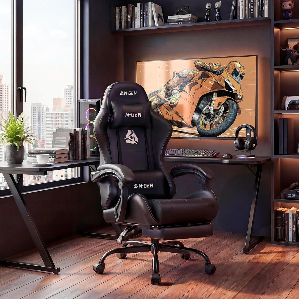 N-GEN GAMING Gaming Chair with Footrest, Lumbar, High-Back, All Black | Reclining Backrest, Linkage Armrests, Durable PU Leather, Adjustable Comfort for Extended Computer, Desk, or Home Office Use