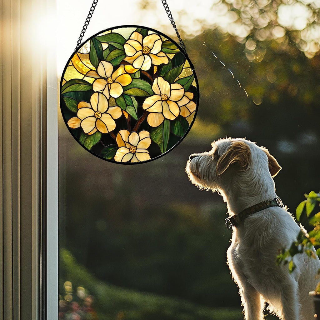 Stained Glass Window Hanging - Yellow Flower Green Leaf Suncatcher for Doors Garden Patio Fall Decor Sun Catchers Christmas Mother's Day Birthday Gifts for Women Men Mom Nana Friend 6.3 in