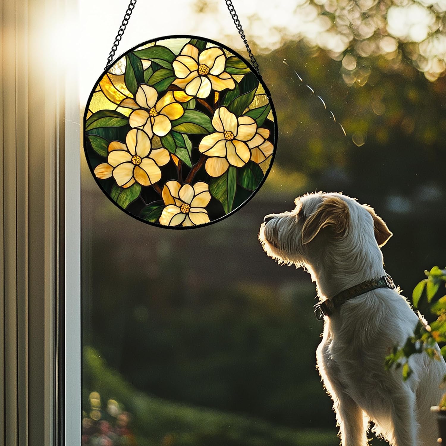 Stained Glass Window Hanging - Yellow Flower Green Leaf Suncatcher for Doors Garden Patio Fall Decor Sun Catchers Christmas Mother's Day Birthday Gifts for Women Men Mom Nana Friend 6.3 in