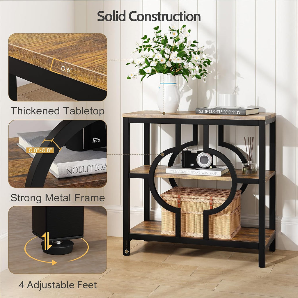 End Table, Narrow Side Table with 3-Tier Storage Shelves, Wood Sofa Side Table with Geometric Metal Frame for Living Room, Industrial Bedside Nightstand for Bedroom (1, Brown)