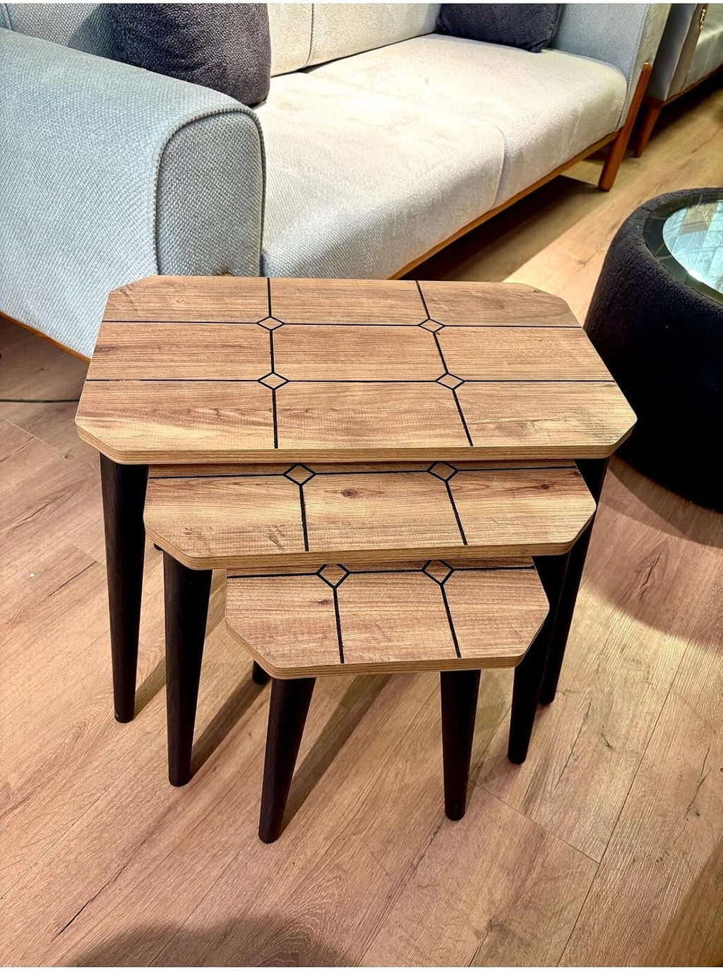 3-Piece Nesting Side Table Set Antique Pine Wood Modern Style Rectangular Tops 3 Heights 20 in 18.5 in 14 in - Brown