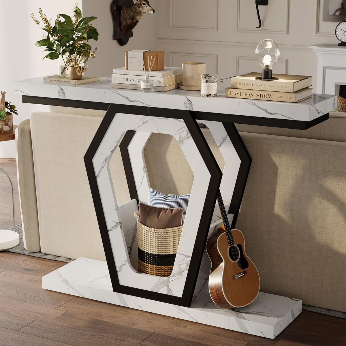 FUSUNBAO 47.3" Console Table,Openwork Bracket Sofa Table, Wood Narrow Entryway Table for Hallway, Behind The Couch, Living Room, Foyer, Easy Assembly（White Marble Texture）