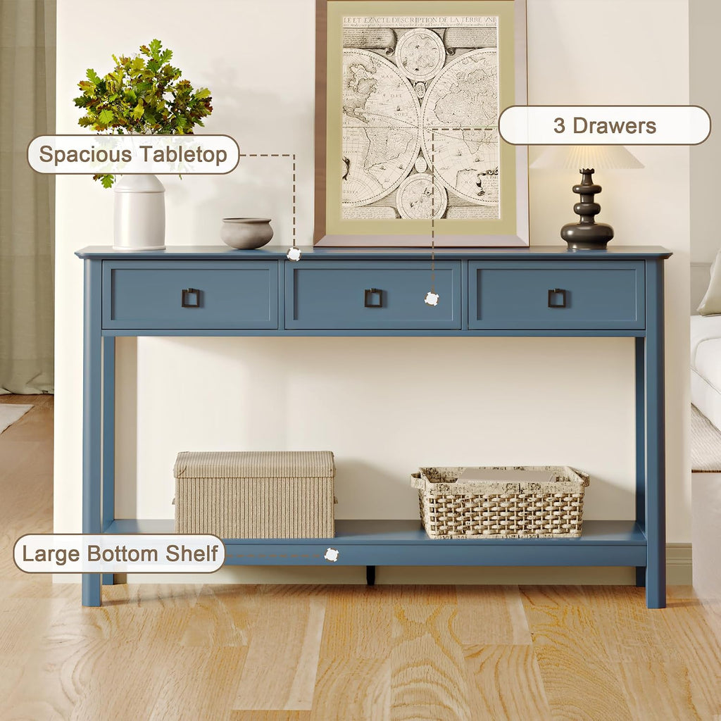 Treocho 53.1" Console Table with 3 Drawers, Sofa Table Behind Couch, 2 Tier | Long Entryway Table with Storage, Modern, For Hallway, Living Room, Blue