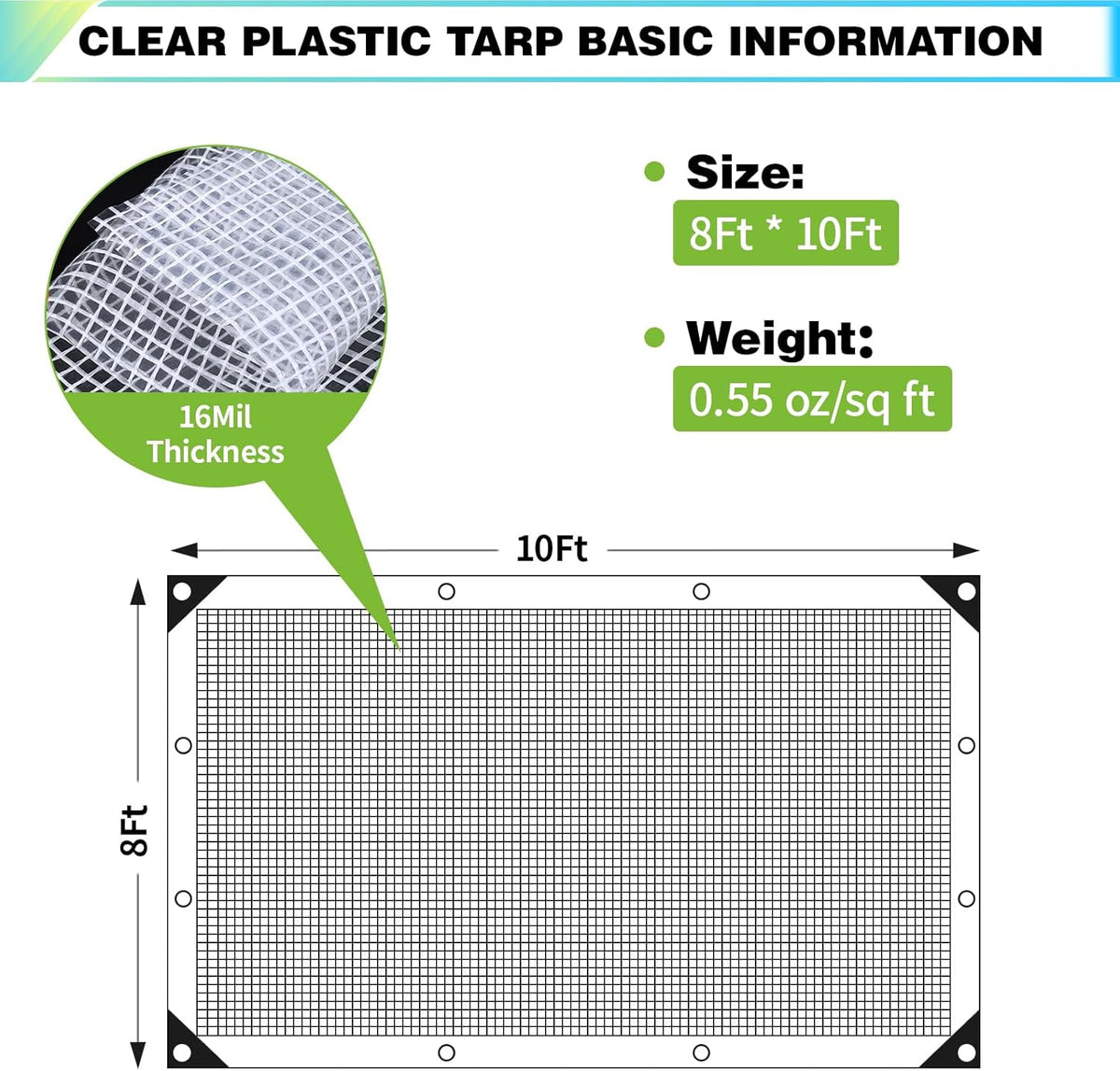 8Ftx10Ft Clear Greenhouse Plastic Covering, 16Mil Thickness Heavy Duty Clear tarp for Chicken coop, Greenhouse Plastic sheeting with Hemmed Edges & preinstalled Grommets.