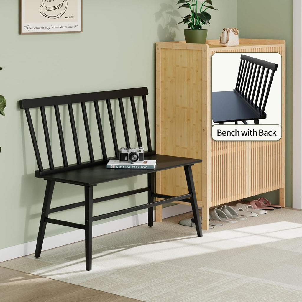 APRTAT Bamboo Entryway Bench, Dining Bench with Spindle Back (Black) | Natural Bamboo & H-Shaped Support, Spindle Back, Ideal for entryways, bedrooms, outdoor settings, Easy Assembly & Clean