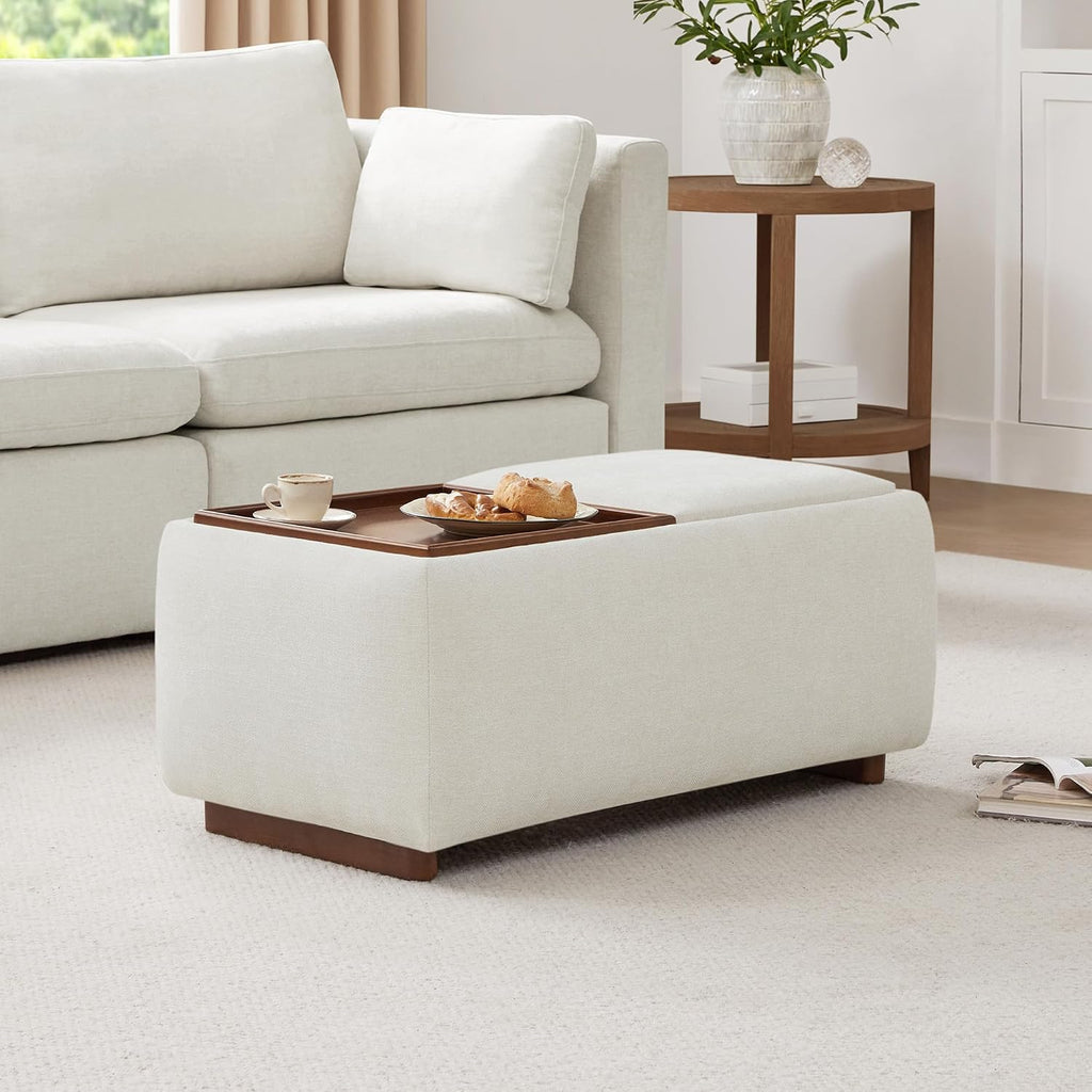 CHITA Storage Ottoman with Tray Lids, FSC Certified Small Rectangular Bench for Living Room, Bedroom, Fabric in Linen