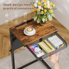 Simple Trending Side Table, C Shaped End Table with Charging Station, Couch Table with Storage Bag, Adjustable Height, Rustic Brown