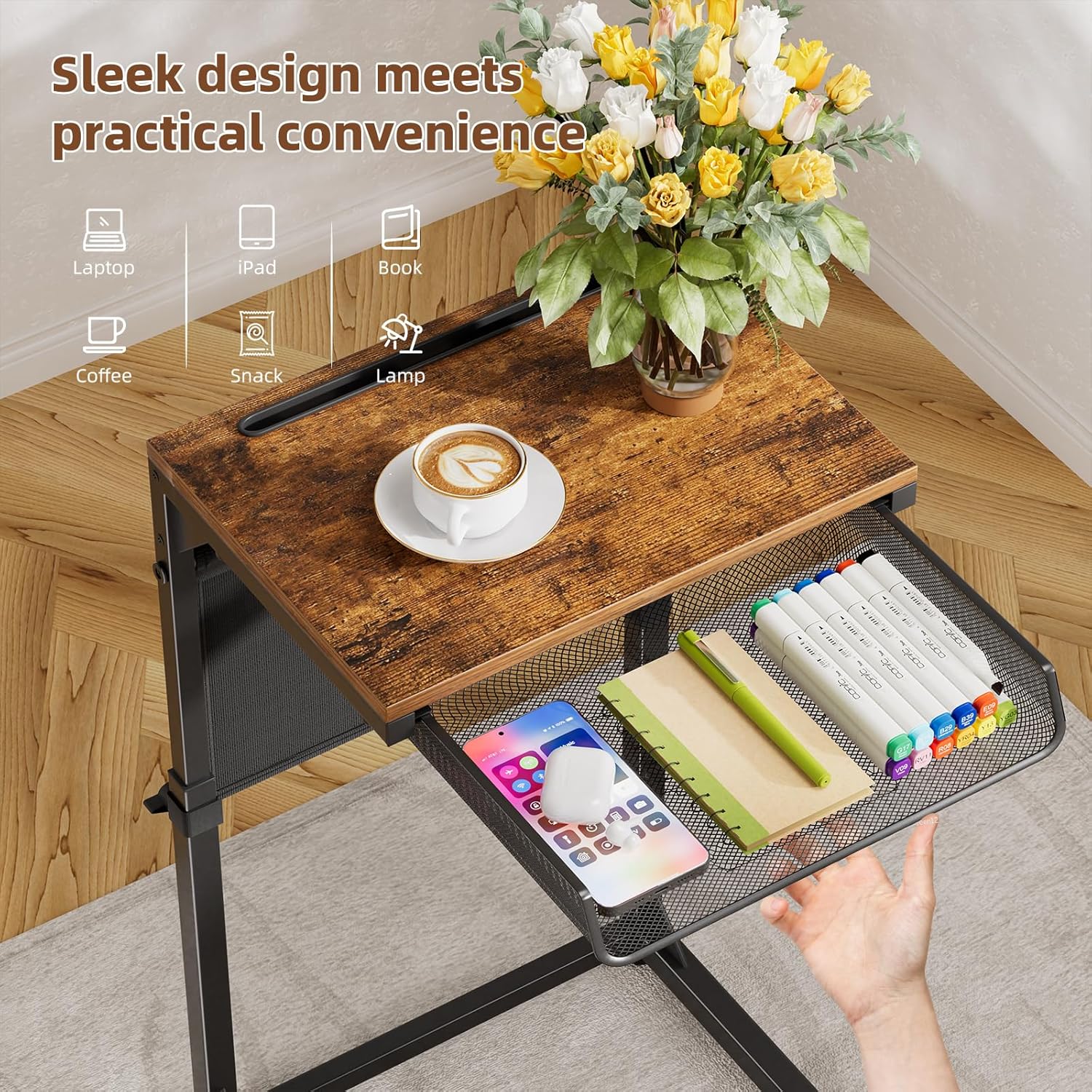 Simple Trending Side Table, C Shaped End Table with Charging Station, Couch Table with Storage Bag, Adjustable Height, Rustic Brown