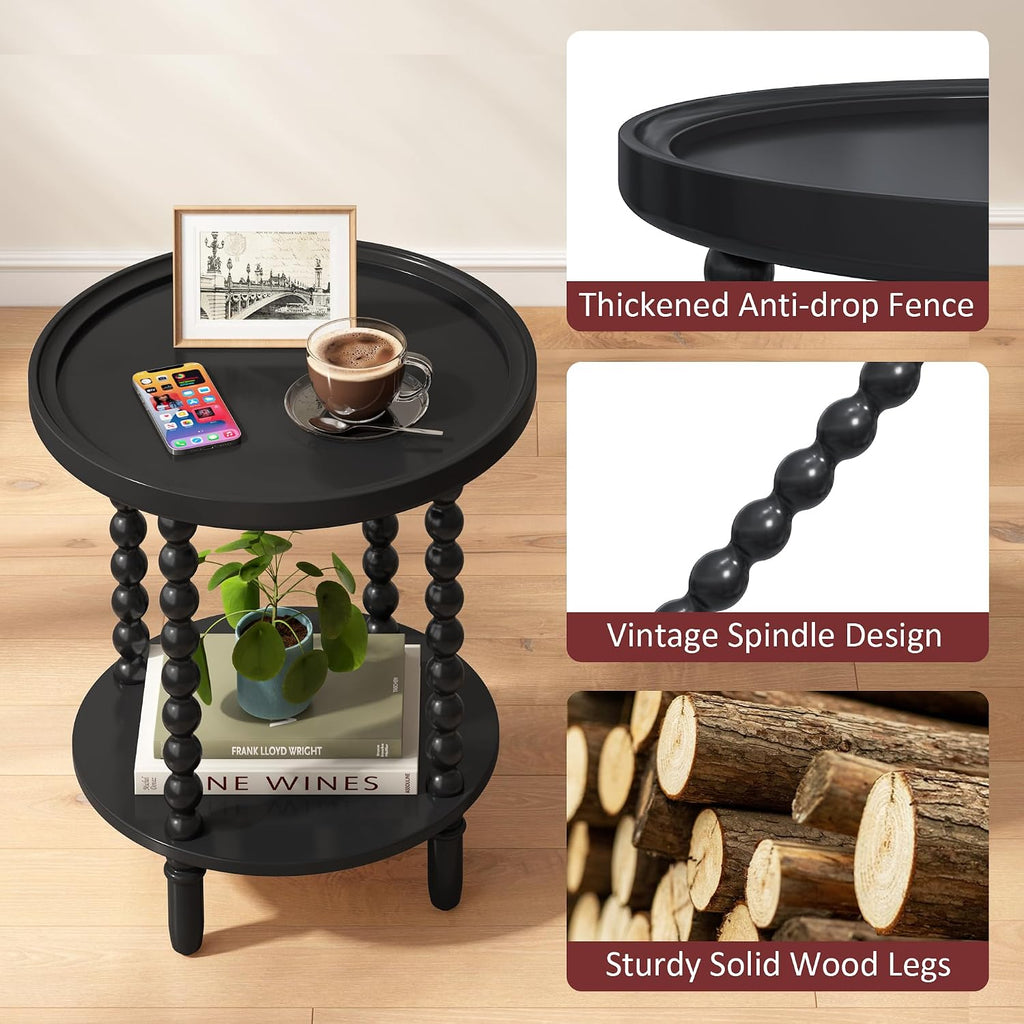 Gadroad Round End Table with Storage Shelf, Black 19.3 * 19.3 * 25.6 inches | 2 Tier Couch Side Table, Wood Coffee Table for Living Room, Bedroom